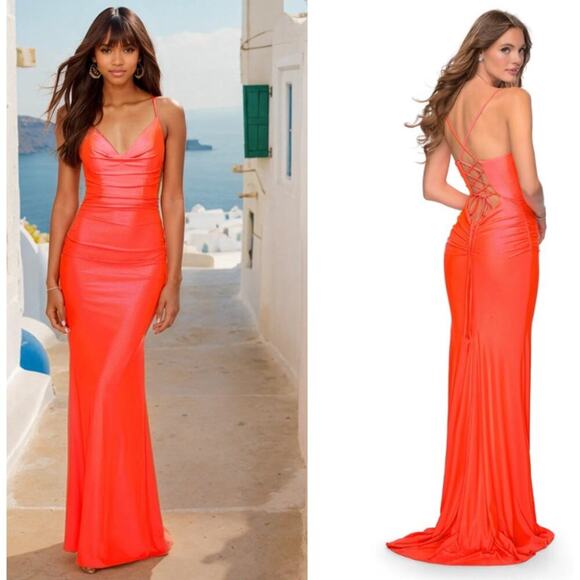 La Femme 29010 Dress in Neon Coral Lace up Back - Picture 1 of 7